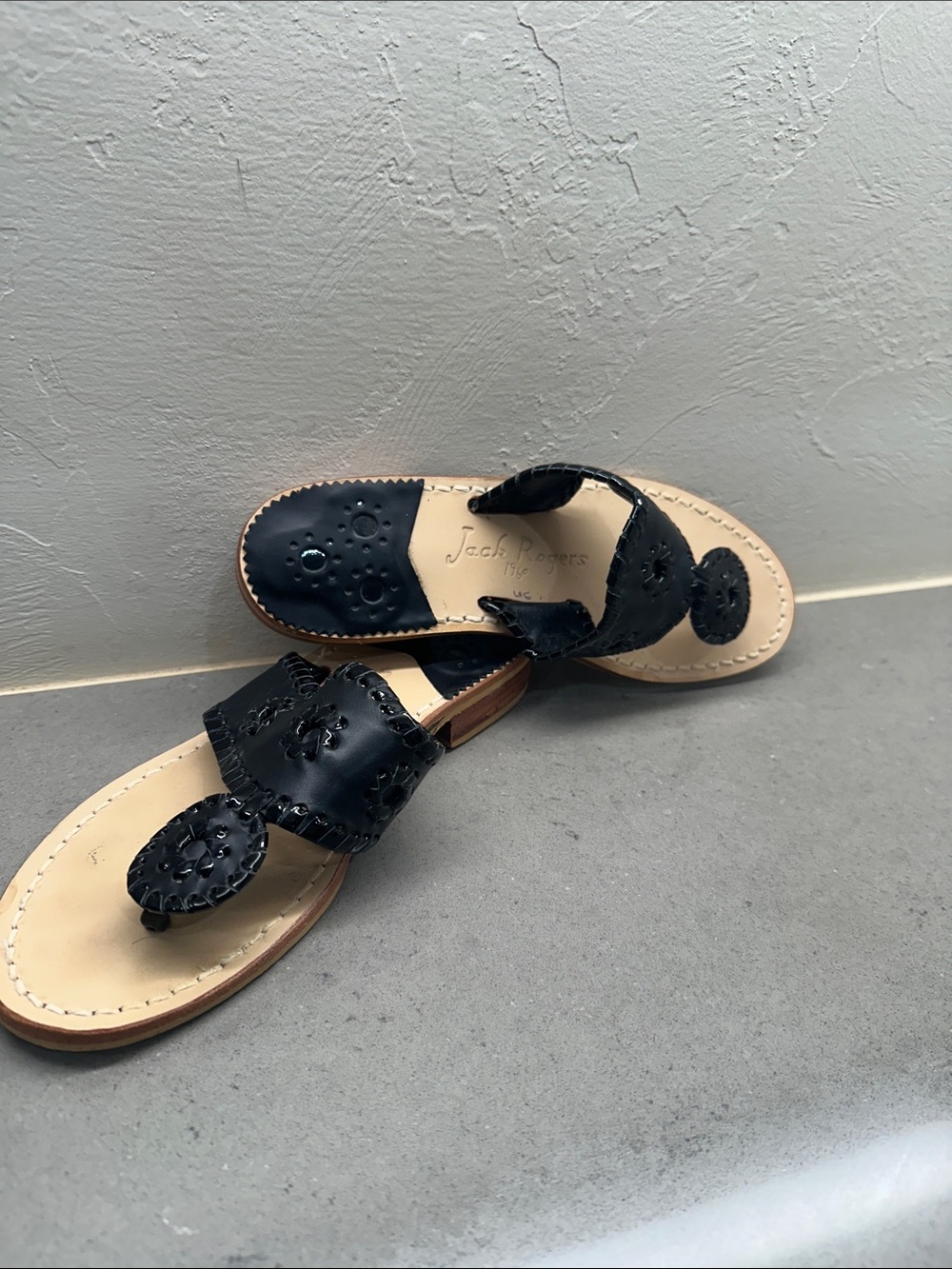 Jack Rogers Black Leather Cutout Thong Sandals